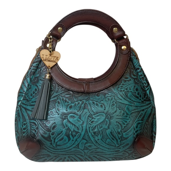 Artesanal Hand Tooled & Painted Vegan Leather Handbag Clutch Brown Turquoise - Picture 1 of 15